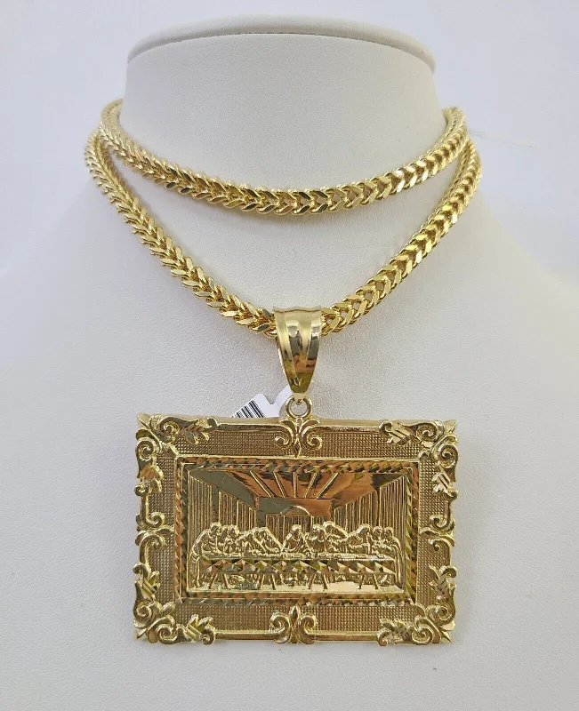 Beautiful necklaces and pendants with diamond-encrusted designs for maximum sparkle-Vintage cameo necklaces for a classic touch -10K Franco Chain Last Supper Pendant Charm Necklace 20"-26" 5mm Yellow Gold SET