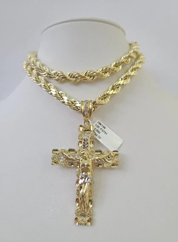 Necklaces and pendants with custom engravings for a personal, meaningful gift-Fashion necklaces for evening parties -Real 10k Rope Chain Jesus Cross Charm Set 8mm 20"-30" Inch Necklace Yellow Gold