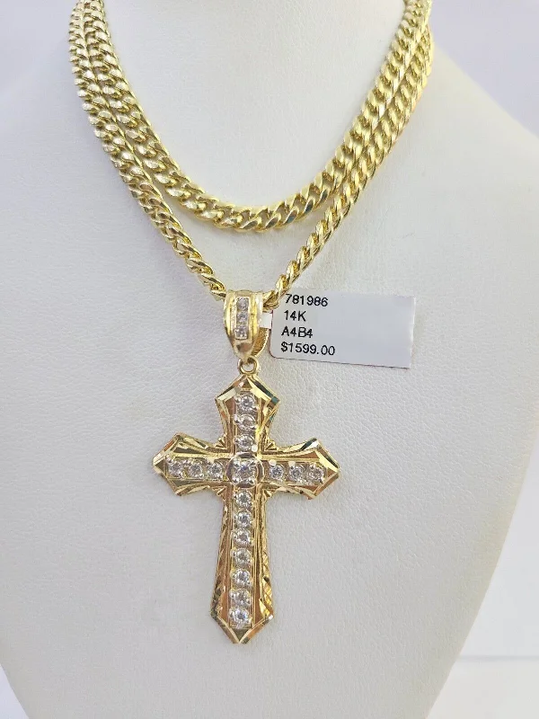 Necklaces and pendants with infinity love symbols for an eternal, romantic gesture-Elegant chain necklaces for formal occasions -Real 14k Chain Cross Charm Set Miami Cuban Link 5mm 18"-30" Necklace Pendant