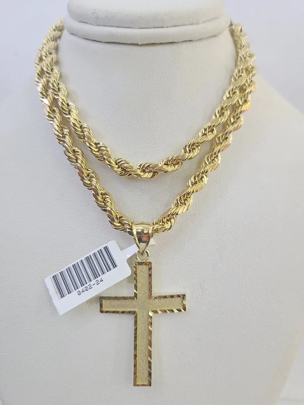 Unique necklaces and pendants with gemstones for a colorful and vibrant statement-Simple gold necklaces for everyday wear -Real 10k Rope Chain Jesus Cross Charm Necklace Pendant Set 5mm 20"-30" Inch Gold