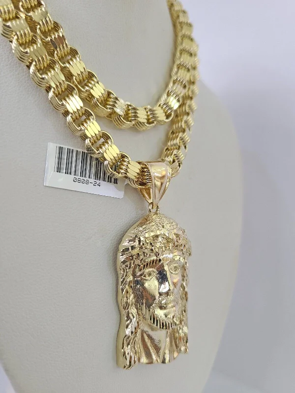 Necklaces and pendants with lock and key designs for a symbolic gesture-Multi-colored gemstone necklaces for casual wear -10k Gold Byzantine Necklace Jesus Head Charm 20-30 inches 6mm SET Chain Pendant