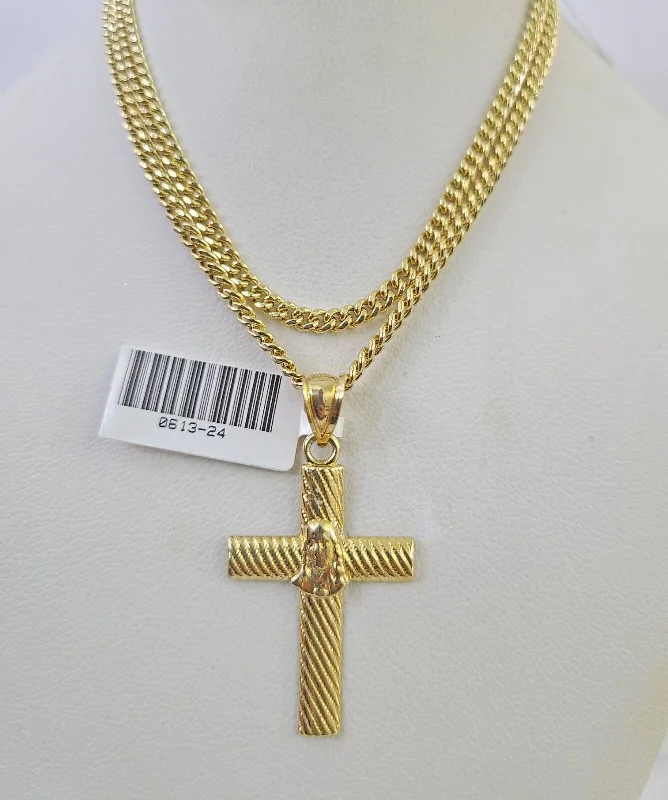 Best necklaces and pendants with crystal accents for a sparkling and elegant style-Boho style necklaces for summer -10K Gold Miami Cuban Chain Jesus Cross 18"-28" 3mm REAL Pendant Necklace SET