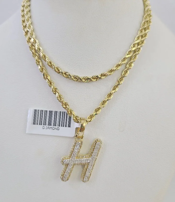 Best necklaces and pendants with butterfly pendants for a delicate, light style-Silver chain necklaces for men -10k 3mm Rope Solid Chain H Diamond Pendant Alphabet 18"-28" Gold Charm Necklace