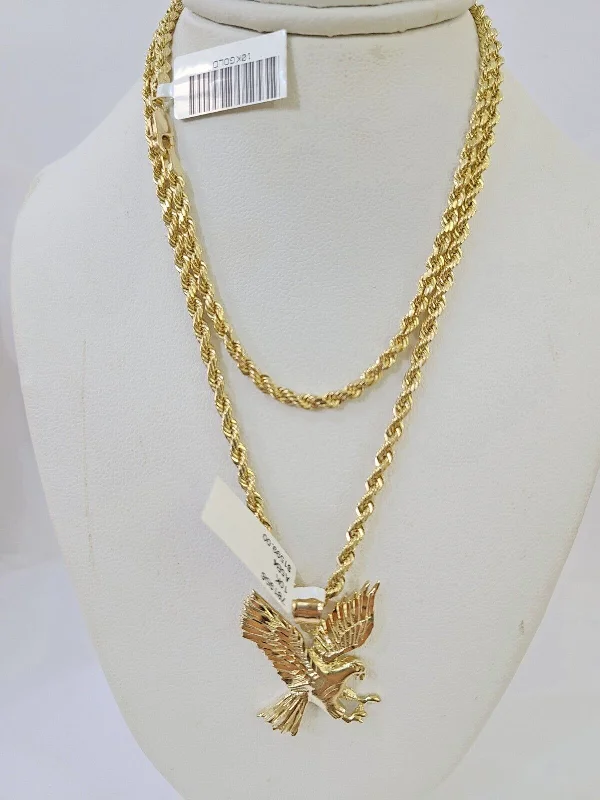 Beautiful necklaces and pendants with moonstone for an ethereal, mystical appearance-Cute charm necklaces for kids -Real1 0k Gold Rope Chain Eagle Pendant SET 3mm 26'' Necklace Flying Eagle Genuin