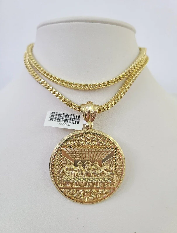 Necklaces and pendants with custom designs for a completely unique jewelry piece-Crystal drop necklaces for special occasions -10K Franco Chain Last Supper Pendant Charm Necklace 20"-28" 4mm Yellow Gold SET