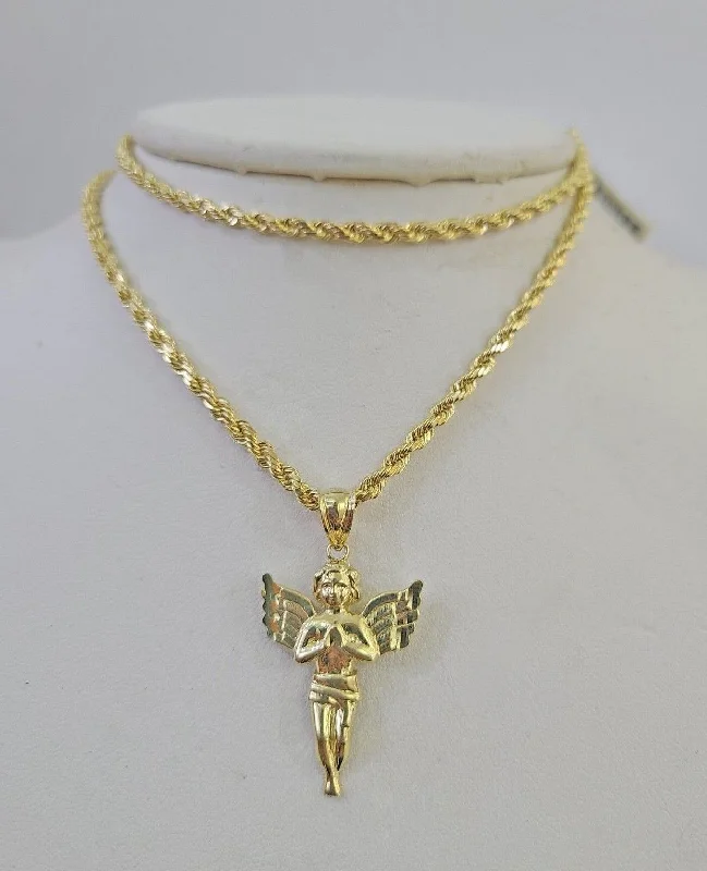 Elegant necklaces and pendants with gold chains for a chic, timeless appearance-Dainty necklaces for layering -10k 3mm Rope Chain Praying Angel Pendant 18"-30" Yellow Gold Set Charm Necklace