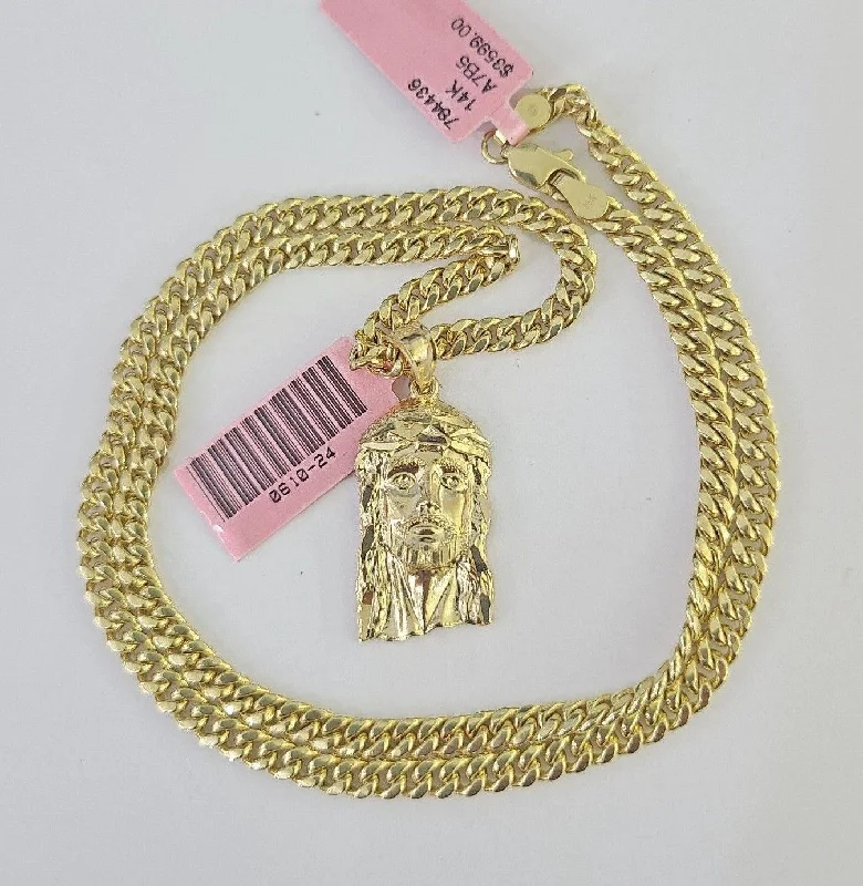 Stunning necklaces and pendants with ruby and diamond combinations for a luxurious effect-Artistic necklaces for fashion-forward outfits -Real 14k Chain Jesus Head Charm Set Miami Cuban Link 4mm Necklace Pendant