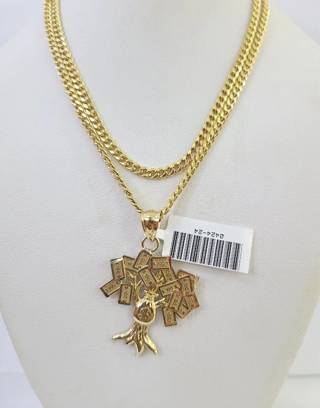 Trendy necklaces and pendants with geometric shapes for a modern aesthetic-Trendy choker necklaces for fashionistas -10K Gold Miami Cuban Chain Money Tree Charm 20"-30" 3mm REAL Pendant Necklace