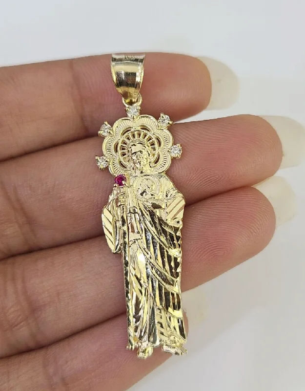 Unique necklaces and pendants with custom birthstone arrangements for personalization-Necklaces for bridesmaid gifts -Real 10K Gold Saint Jude Charm Diamond Cut 10kt yellow Gold Pendent 2"