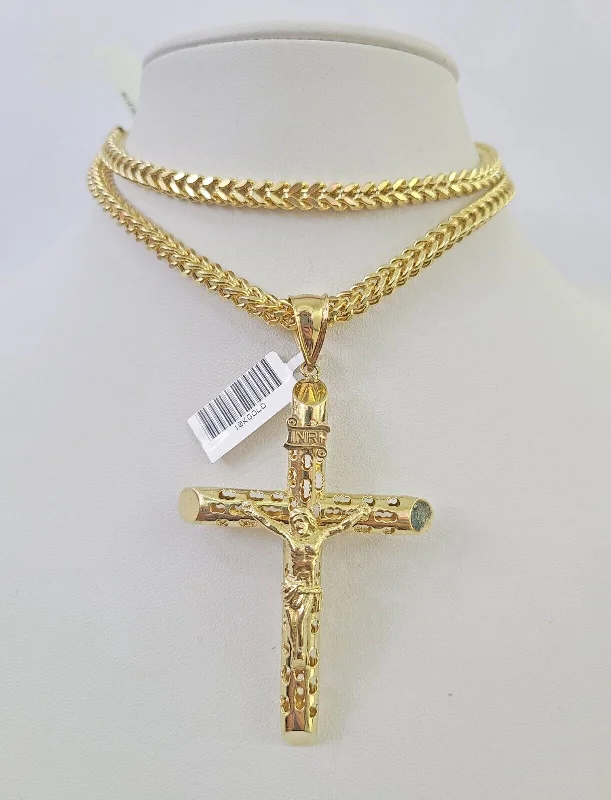 Best necklaces and pendants with matching earrings for a coordinated, elegant look-Multi-strand necklaces for dramatic flair -10K Franco Chain INRI Jesus Cross Pendant Charm Necklace 20"-26" 5mm Gold SET