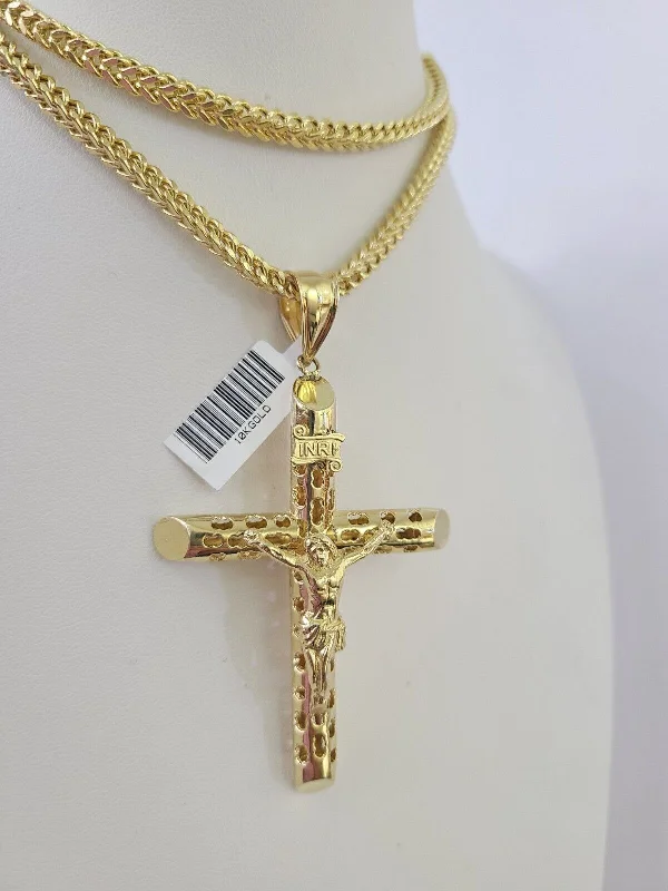 Necklaces and pendants with abstract shapes for a modern, creative appearance-Custom family necklaces for meaningful gifts -10K Franco Chain Jesus INRI Cross Pendant Charm Necklace 20"-28" 4mm Gold Yellow