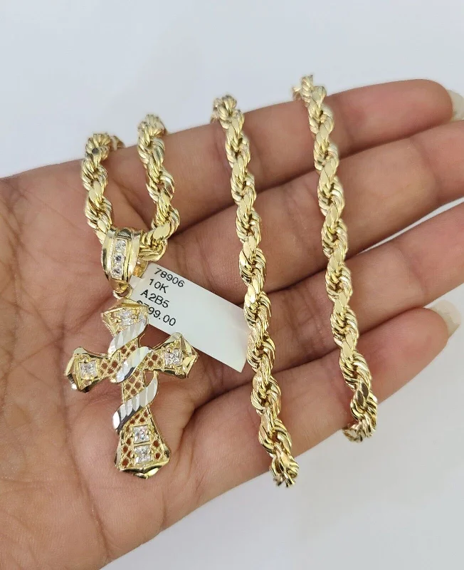 Beautiful necklaces and pendants with natural stones for an earthy, organic vibe-Minimalist gold necklaces for everyday elegance -Real 10k Rope Chain Jesus Cross Charm Necklace Pendant Set 5mm 20"-30" Inch Gold