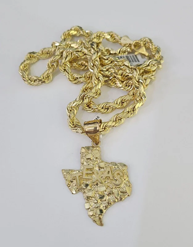 Elegant necklaces and pendants with gold chains for a chic, timeless appearance-Dainty necklaces for layering -Real 10k Rope Chain Texas Map Charm Set 7mm 20"-28" Inch Necklace Gold