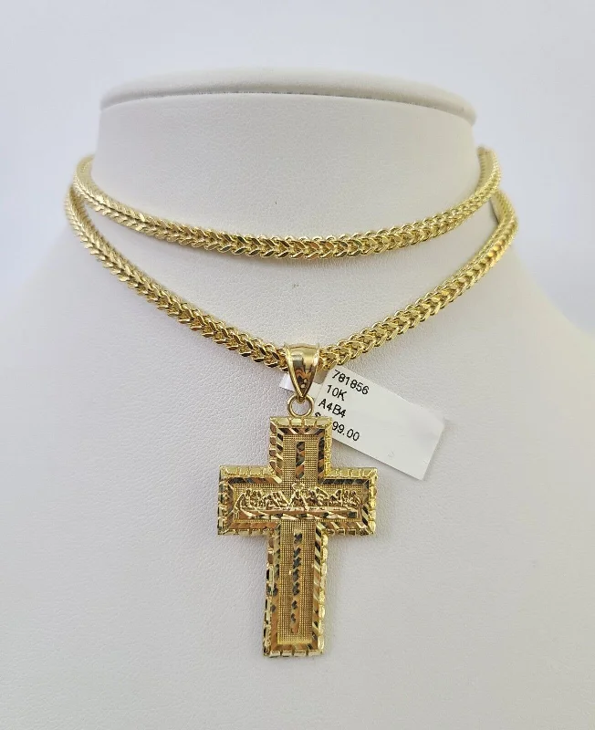 Best necklaces and pendants with matching rings for a coordinated jewelry set-Silver lockets for sentimental gifts -10K Franco Chain Last Supper Cross Pendant Charm Necklace 20"-26" 3mm Gold SET