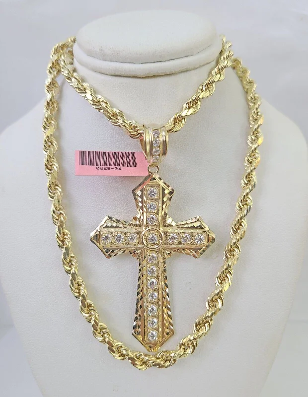 Unique necklaces and pendants with tree of life motifs for nature-inspired elegance-Unique statement necklaces for bold looks -Real 14k Rope Chain Jesus Cross Charm Set 6mm 18"-28" Necklace Yellow Gold