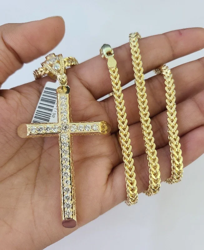 Beautiful necklaces and pendants with moon and star charms for a dreamy effect-Personalized coordinates necklaces for travel memories -10K Franco Chain Jesus Cross Pendant Charm Necklace 20"-28" 4mm Gold Yellow SET