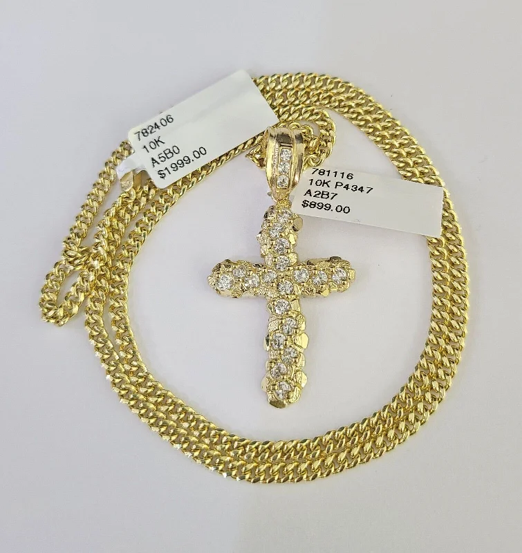 Beautiful necklaces and pendants with natural stones for an earthy, organic vibe-Minimalist gold necklaces for everyday elegance -10K Gold Miami Cuban Chain Jesus Cross 18"-28" 3mm Pendant Necklace SET Charm