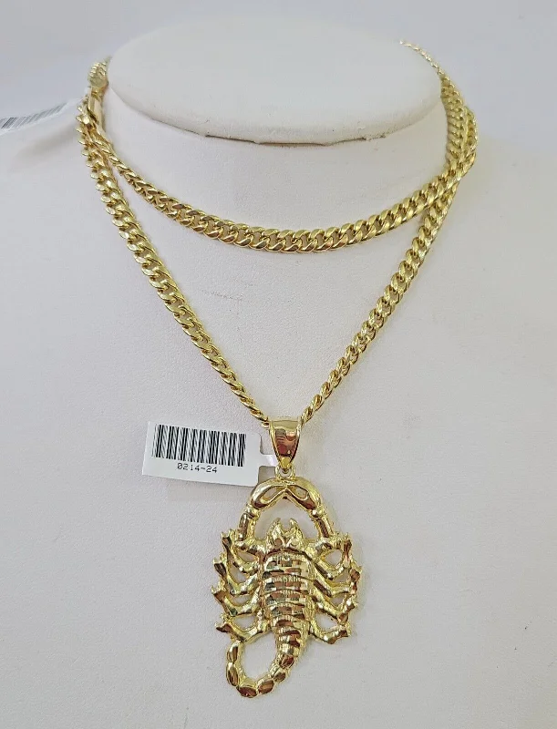 Best necklaces and pendants with intricate filigree for vintage-inspired elegance-Religious necklaces for spiritual gifts -Real 10k Miami Cuban Chain Scorpion Charm Set 4mm Yellow Gold Necklace Pendant