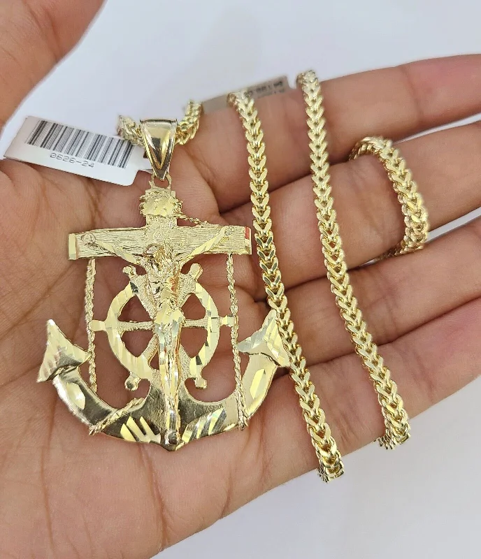 Best necklaces and pendants with intricate beadwork for a bohemian-inspired look-Necklaces with engraved coordinates for travel lovers -10K Franco Chain Jesus Anchor Pendant Charm Necklace 20"-26" 3mm Gold Yellow SET