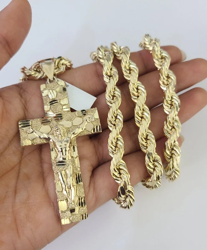 Stunning necklaces and pendants with amethyst gemstones for a calming effect-Swarovski crystal necklaces for special occasions -Real 10k Rope Chain Jesus Cross Charm Set 8mm 20"-30" Inch Necklace Yellow Gold