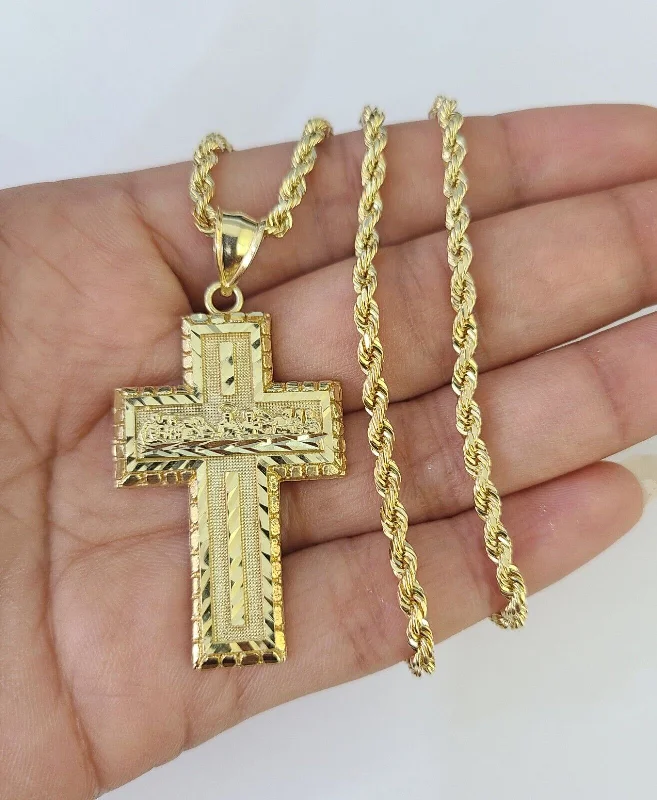 Necklaces and pendants with pearls for a classic and sophisticated touch-Luxury necklaces for evening wear -10k 3mm Rope Chain Last Supper Cross Pendant 18"-30" Gold Set Charm Necklace