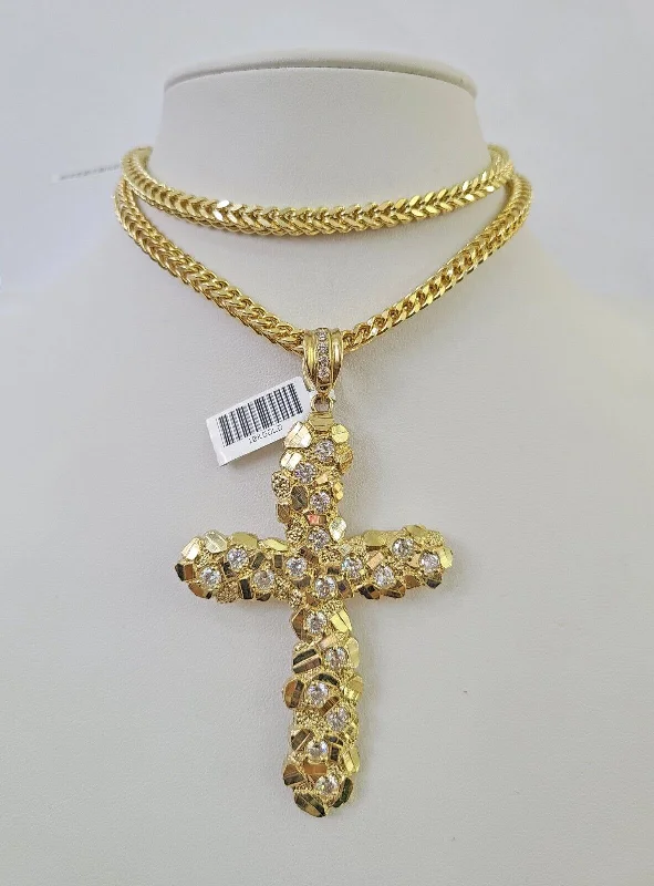 Beautiful necklaces and pendants with gemstone teardrops for an elegant effect-Bohemian-style necklaces for festival fashion -10K Franco Chain Jesus Cross Pendant Charm Necklace 20"-26" 5mm Gold Yellow SET