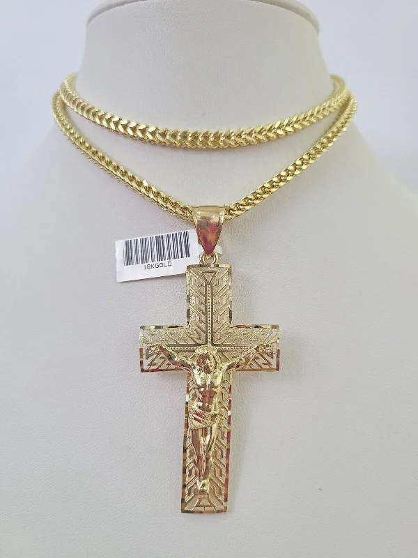 Personalized necklaces and pendants with name engravings for a custom touch-Diamond necklaces for brides -10K Franco Chain Jesus Crucifix Cross Pendant Charm Necklace 20"-28" 4mm Gold