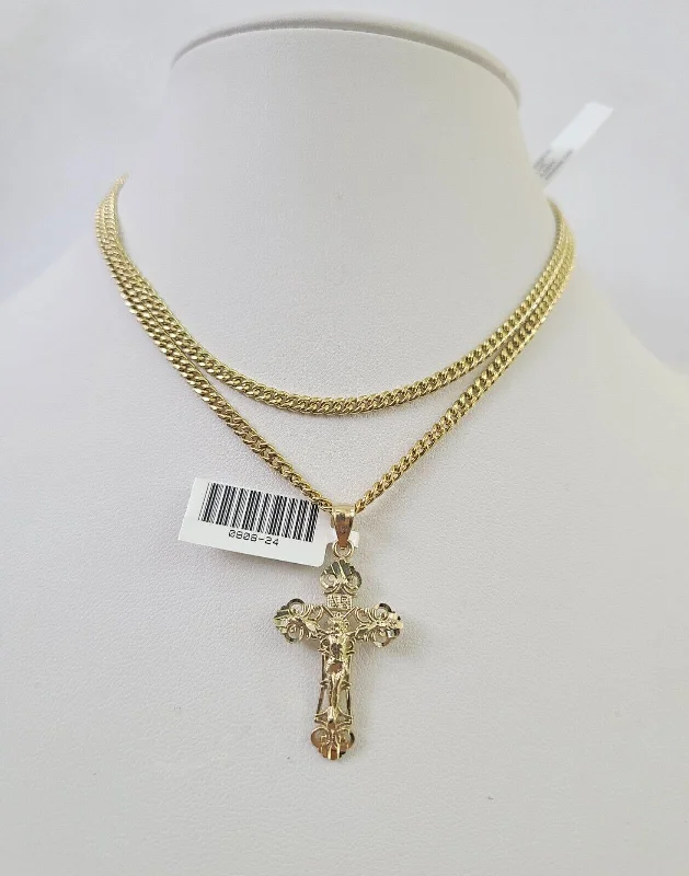 Beautiful necklaces and pendants with gemstone teardrops for an elegant effect-Bohemian-style necklaces for festival fashion -10K Gold Miami Cuban Chain Jesus Cross Charm 18"-30" 3mm REAL Pendant