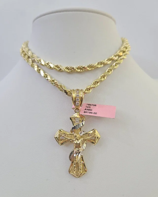 Beautiful necklaces and pendants with diamond halo settings for extra brilliance-Bar necklaces for personalized engravings -Real 14k Rope Chain Jesus Cross Charm Yellow Gold Set 5mm 20"-30" Necklace