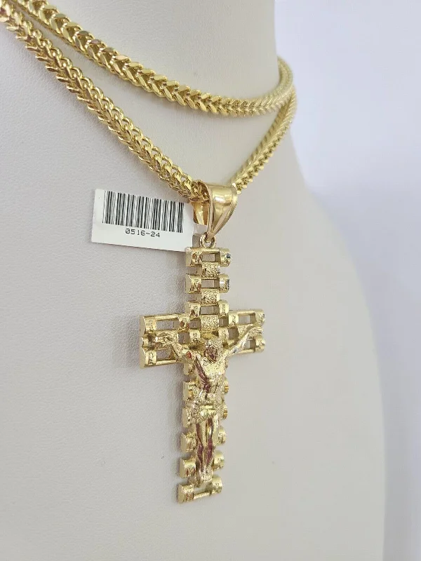 Best necklaces and pendants with sterling silver for an affordable yet stylish choice-Custom engraved necklaces for men -10K Franco Chain Jesus Crucifix Cross Pendant Charm Necklace 20"-28" 4mm Gold