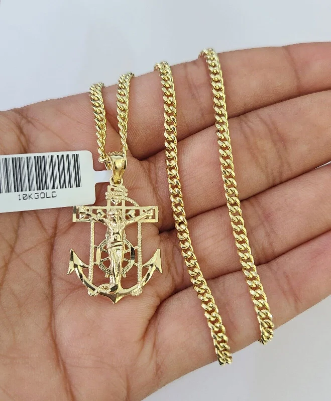 Personalized necklaces and pendants with initials for a customized and meaningful gift-Custom initial necklaces for friends -10K Gold Miami Cuban Chain Jesus Anchor Charm 18"-28" 3mm REAL Pendant Necklace