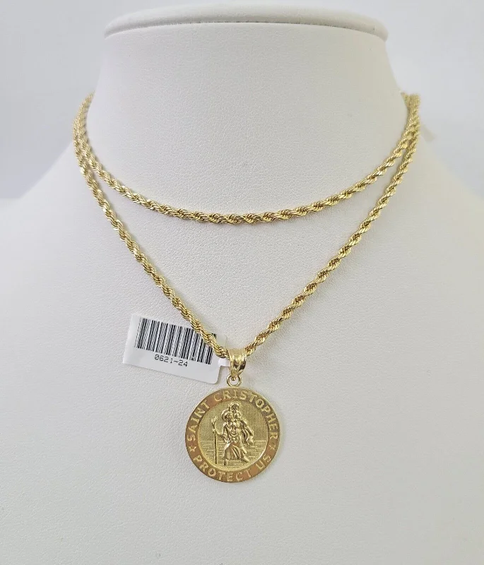 Stunning necklaces and pendants with sapphire gemstones for a luxurious blue hue-Birthstone necklaces for personalized gifts -10k 2.5mm Rope Chain Saint Christopher Pendant 18"-30" Gold Set Charm Necklace