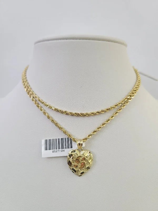 Simple necklaces and pendants with tiny charms for a delicate and casual vibe-Gold-plated necklaces for daily use -10k 2.5mm Rope Chain Nugget Heart Pendant 18"-30" Yellow Gold Set Charm Necklace