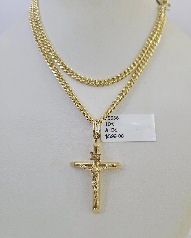 Best necklaces and pendants with intertwined designs for a symbol of unity-Crystal healing necklaces for wellness -10K Gold Miami Cuban Chain INRI Jesus Cross 18"-28" 3mm Pendant Necklace SET