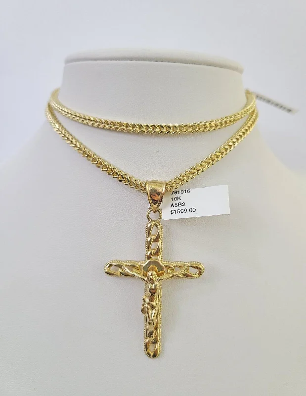 Necklaces and pendants with love knot designs for a romantic, meaningful symbol-Ethnic-style necklaces for unique looks -10K Franco Chain Jesus Cross Pendant Charm Necklace 20"-26" 3mm Gold Yellow SET