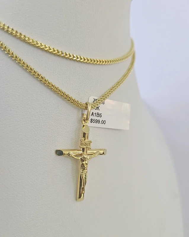 Layered necklaces and pendants for a trendy and fashionable stacked look-Layered necklaces for boho style -10K Franco Chain INRI Jesus Cross Pendant Charm Necklace 16"-24" 2mm Gold SET