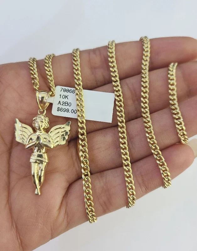 Best necklaces and pendants with seashell designs for a tropical, beachy vibe-Personalized zodiac sign necklaces for gifts -10K Gold Miami Cuban Chain Praying Angel Charm 18"-30" 3mm REAL Pendant