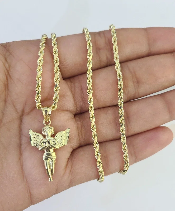 Best necklaces and pendants for weddings with matching designs for bride and groom-Statement necklaces for special occasions -10k 2.5mm Rope Chain Praying Angel Pendant 18"-30 Yellow Gold Set Charm Necklace