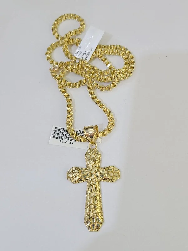 Elegant necklaces and pendants with infinity symbols for timeless designs-Vintage gold necklaces for collectors -10k Gold Byzantine Necklace Jesus Cross Charm 18-26 inches 3mm SET Chain