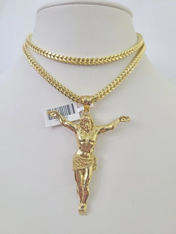 Beautiful necklaces and pendants with diamond halo settings for extra brilliance-Bar necklaces for personalized engravings -10K Franco Chain Jesus Pendant Charm Necklace 20"-28" 4mm Gold SET Yellow