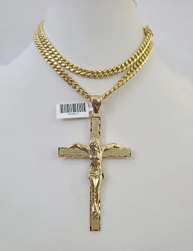 Best necklaces and pendants with turquoise stones for a vibrant boho-chic look-Heart-shaped necklaces for Valentine's Day -10K Miami Cuban Link Chain Jesus Cross Pendent Charm 6mm 20"-30" Necklace