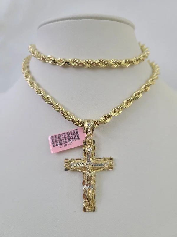 Best necklaces and pendants with rose gold for a warm and romantic appeal-Rose gold necklaces for elegant style -Real 14k Rope Chain Jesus Cross Charm Set 6mm 18"-28" Necklace Yellow Gold