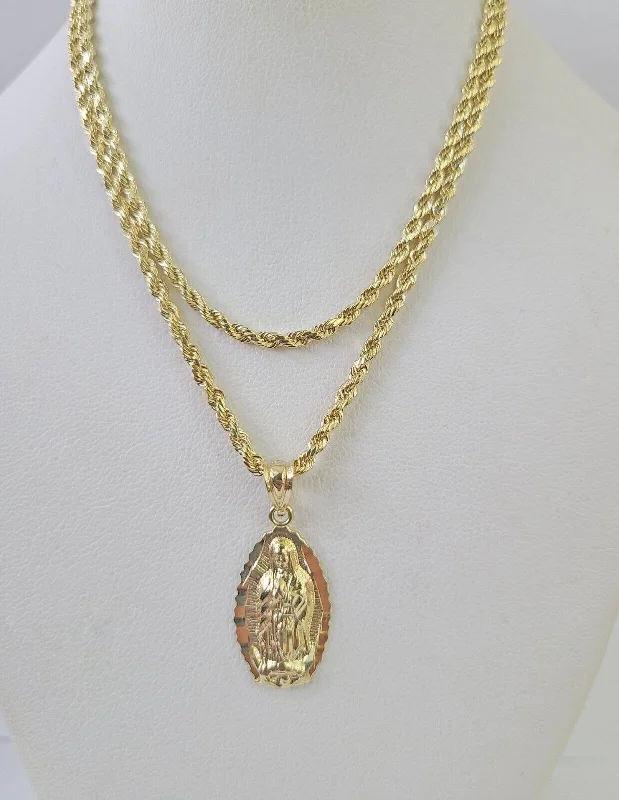 Unique necklaces and pendants with gemstones for a colorful and vibrant statement-Simple gold necklaces for everyday wear -10k 2.5mm Rope Chain Virgin Mary Pendant 18"-30" Yellow Gold Set Charm Necklace