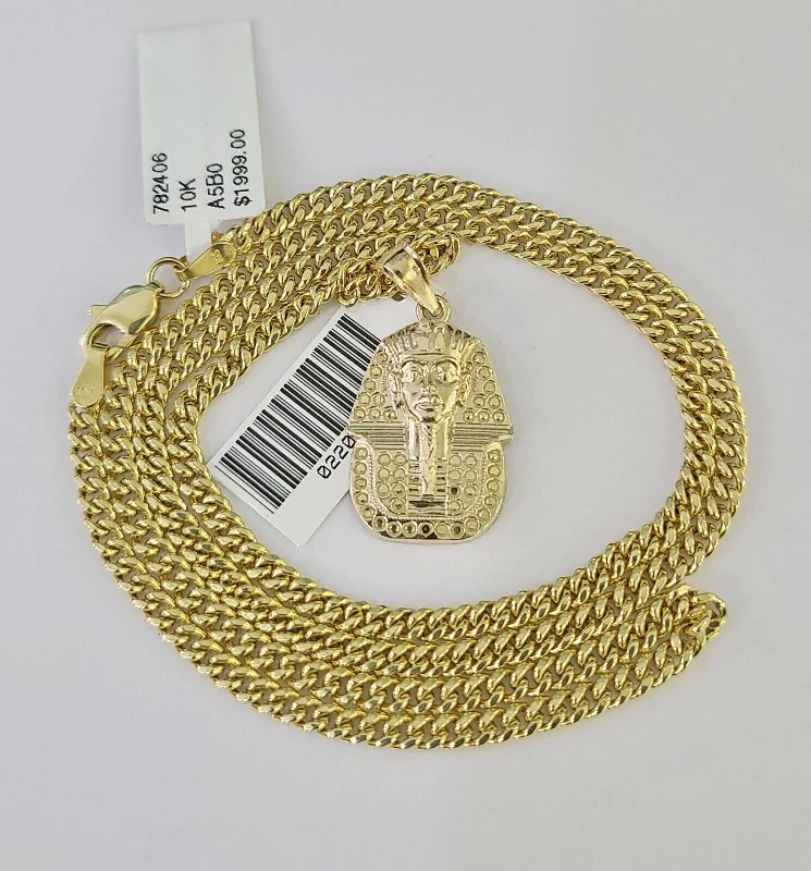 Personalized necklaces and pendants with name engravings for a custom touch-Diamond necklaces for brides -10K Gold Miami Cuban Chain Pharaoh 18"-28" 3mm REAL Pendant Necklace SET