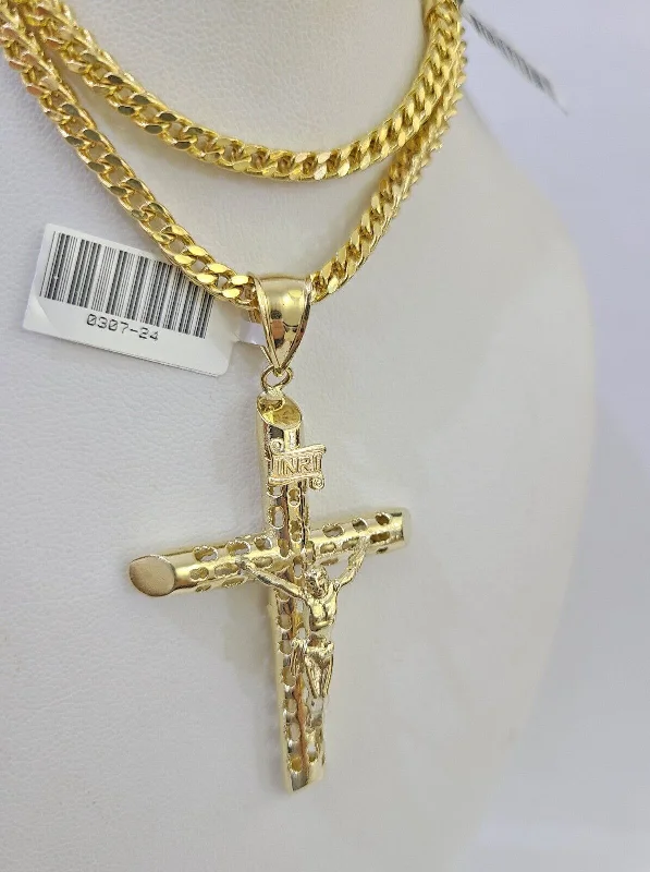 Beautiful necklaces and pendants with butterfly motifs for a whimsical style-Men's stainless steel necklaces for everyday wear -10K Gold Franco Chain INRI Cross Charm Length 18-26 inches 3mm REAL Yellow