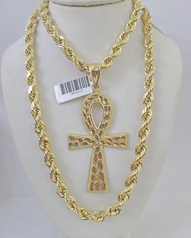 Necklaces and pendants with pearls for a classic and sophisticated touch-Luxury necklaces for evening wear -Real 10k Rope Chain Jesus Cross Charm Set 7mm 20"-28" Inch Necklace Yellow Gold