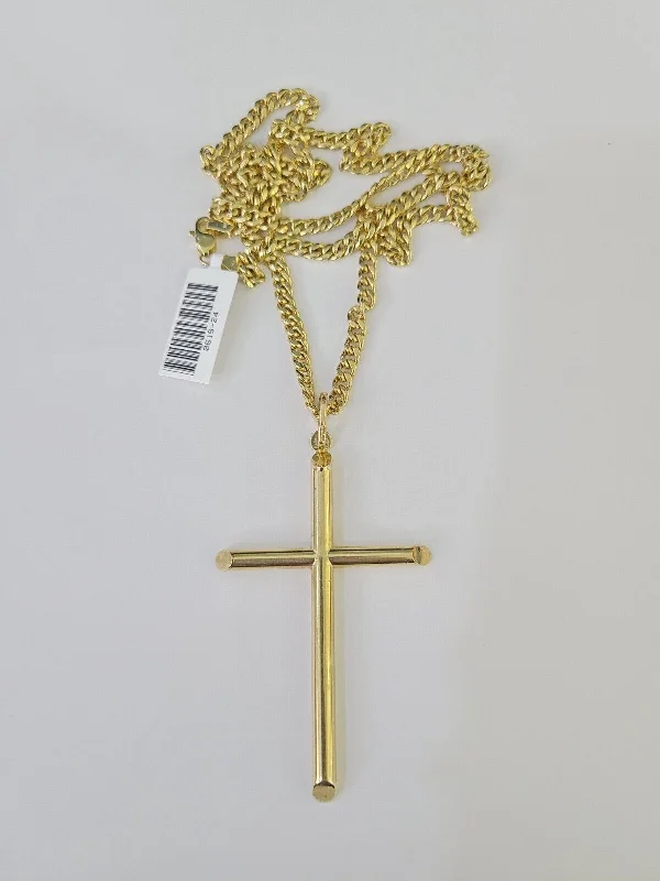 Necklaces and pendants with custom designs for a completely unique jewelry piece-Crystal drop necklaces for special occasions -10k Miami Cuban Chain Jesus Cross Charm Set 4mm 18"-28" Necklace Yellow Gold