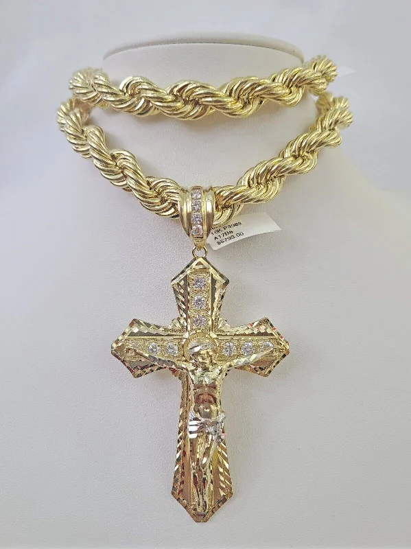 Necklaces and pendants with leaf-shaped designs for an earthy, organic feel-Crystal pendant necklaces for spiritual healing -Real 10k Rope Chain Jesus Cross Charm Set 12mm 20"-30" Inch Necklace Yellow Gold