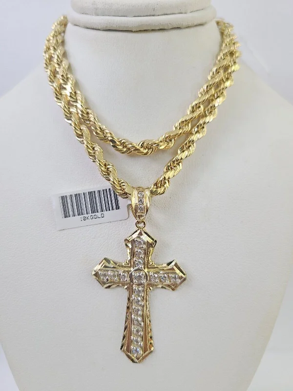 Necklaces and pendants with geometric pendants for a clean, contemporary design-Handmade gemstone necklaces for unique style -Real 10k Rope Chain Jesus Cross Charm Necklace Pendant Set 5mm 20"-30" Inch Gold