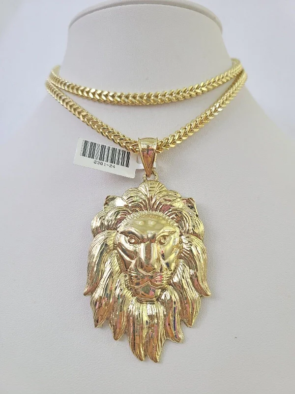 Necklaces and pendants with ocean-inspired designs for a refreshing, beachy feel-Adjustable pendant necklaces for women -10K Franco Chain Lion Pendant Charm Necklace 20"-28" 4mm Gold SET Yellow